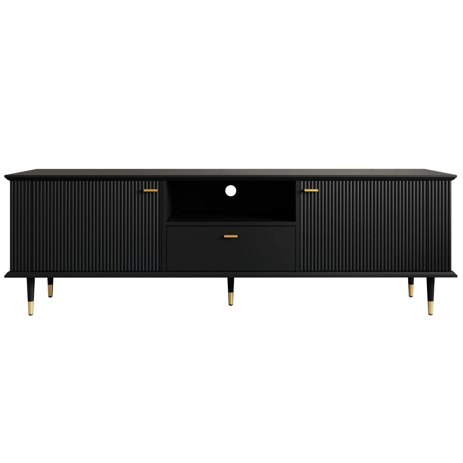 okwish TV Schrank mit Offenen Fächern Schubladen Soft Close Wohnzimmer 170×36×54cm Schwarz