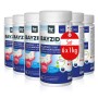 Bayzid Multitabs 5in1 für Pools, 6 x 1kg Set zur Poolpflege. Chlortabletten in weißen Behältern.