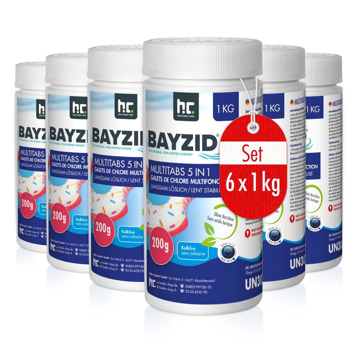 Bayzid Multitabs 5in1 für Pools, 6 x 1kg Set zur Poolpflege. Chlortabletten in weißen Behältern.