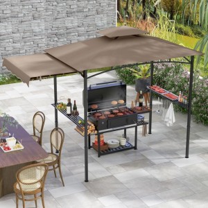 Costway Grillpavillon mit Seitenmarkise Doppeldach 318x153x250 cm Braun