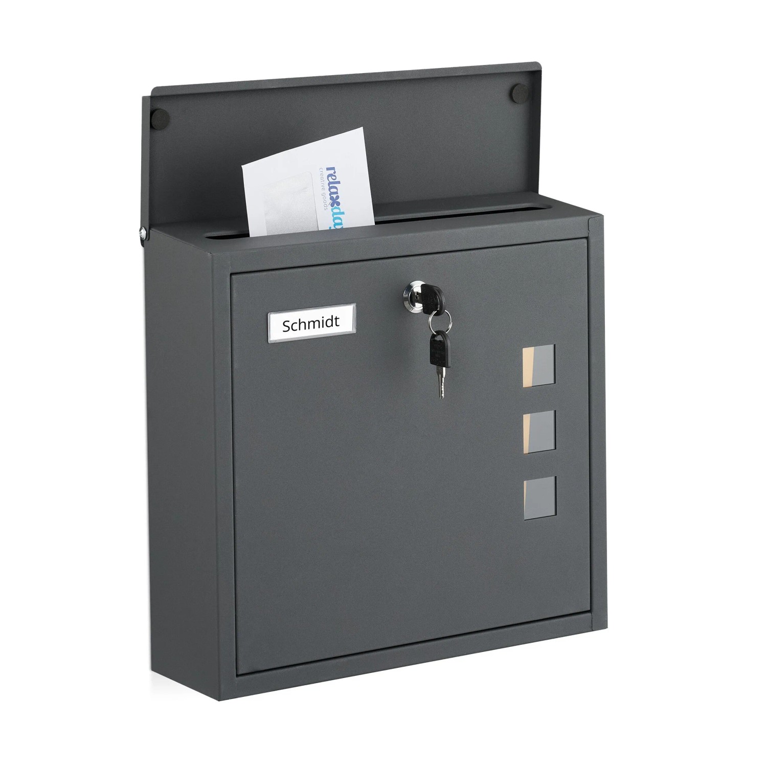 Relaxdays Briefkasten Eisen Anthrazit Abschließbar Mit Sichtfenster Mit Namensschild 33 cm x 35 cm x 12 cm 2 kg