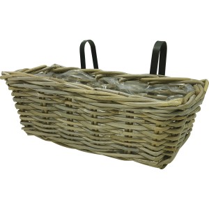 Grauer Balkonkorb aus Rattan, 46x15x15 cm, mit Haken zum Aufhängen.