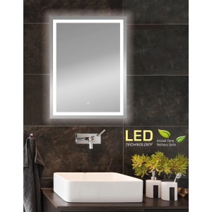 Rechteckiger Lichtspiegel Frame Light 60x80 cm mit LED-Rahmenbeleuchtung im Badezimmer.