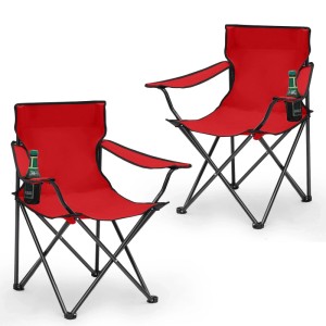 2 rote Campingstühle mit Getränkehalter, ideal für Camping & Outdoor.