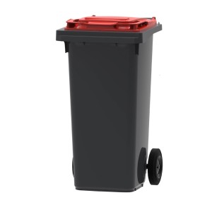 Graue PROREGAL Mülltonne 120L mit rotem Deckel und Rädern.