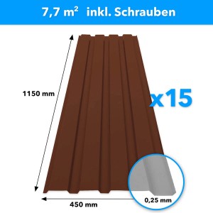 Braunes Karat Trapezblech 115x45cm, 15er Set inkl. Schrauben. Profilblech für Dach und Wand.