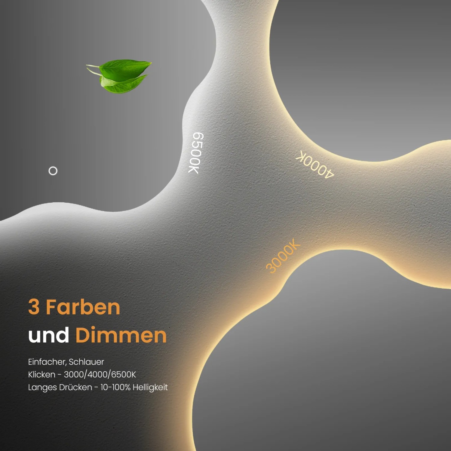 Emke Badspiegel: LED-Lichtfarben (3000K, 4000K, 6500K) und Dimmfunktion für optimale Badbeleuchtung.