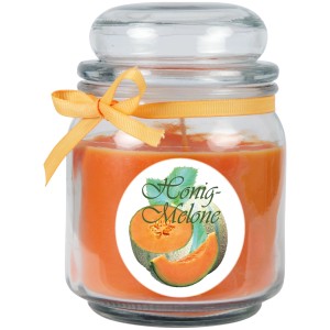 Duftkerze Honigmelone im Glas (Ø9cm) mit Schleife. Dekorative Kerze für entspannte Atmosphäre.