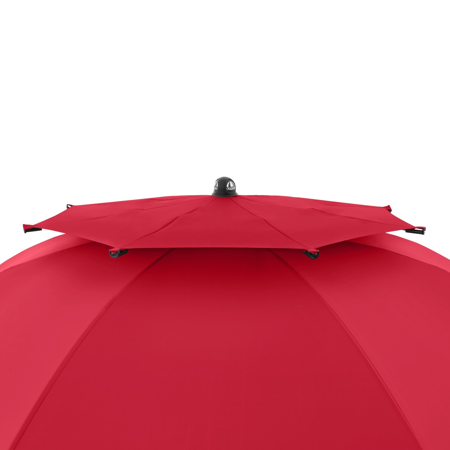 Detailaufnahme des roten Doppler Strandschirm Windprofi Neo 200 mit Windventil.