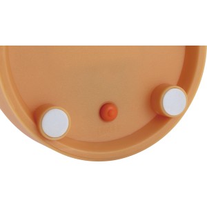 Detailaufnahme der gelb-weißen LED-Tischleuchte: Unterseite mit An/Aus-Schalter und Füßen.