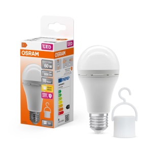 Osram LED-Lampe E27, 8W, 806lm, mit Akku und Lampenkappe als Taschenlampe.