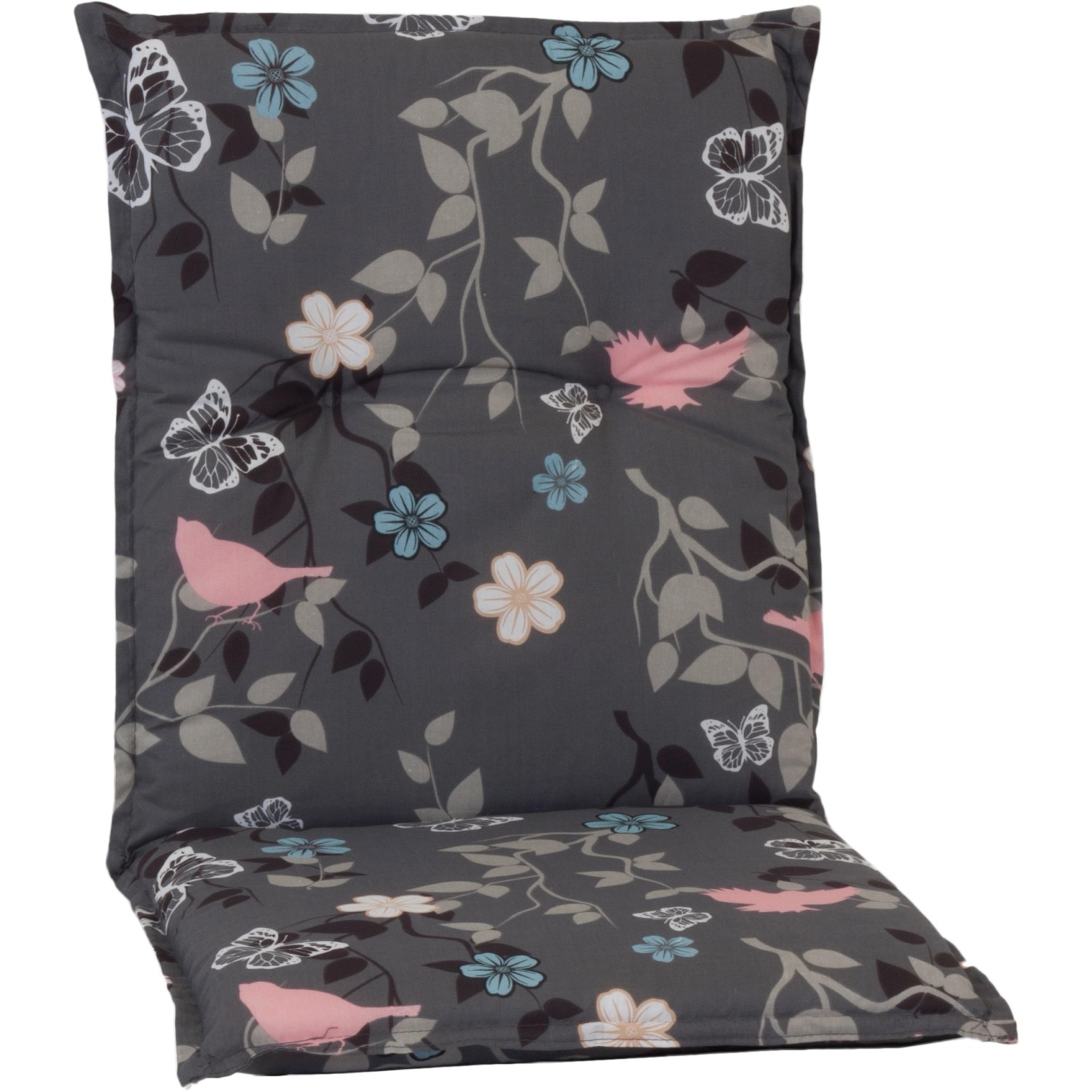 Saumauflage Niedriglehner Bregenz Grau mit Blümchen, Gartenstuhlauflage mit Blumen- und Vogelmuster.