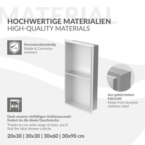 LuxeBath Wandnische Doppel, 30x60x10 cm, silberne Duschnische aus Edelstahl mit 2 Ablagen.