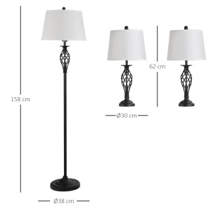 HOMCOM 3er Lampenset: Stehlampe und 2 Tischlampen, Metall schwarz/weiß im Vintage-Stil.