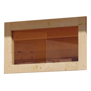 Rechteckiges Karibu Saunafenster mit Klarglas und naturbelassenem Holzrahmen.