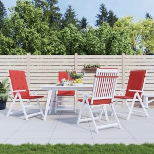 4 rote Gartenstuhlauflagen für Hochlehner, 120x50x3 cm, aus Stoff.