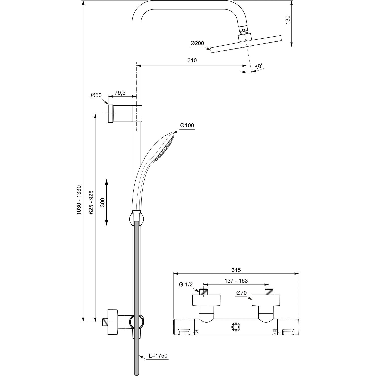 Technische Zeichnung Ideal Standard Ceratherm T25 Duschsystem Silk Black mit Maßen.