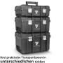Drei schwarze, stapelbare STAHLWERK Systemboxen für Werkzeugtrolley, verschiedene Größen, silberne Verschlüsse.