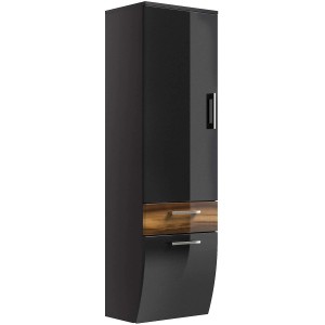 Posseik Bad-Hochschrank Rima, 40 cm, Walnuss/Anthrazit, mit Tür und Schubladen für Badutensilien.