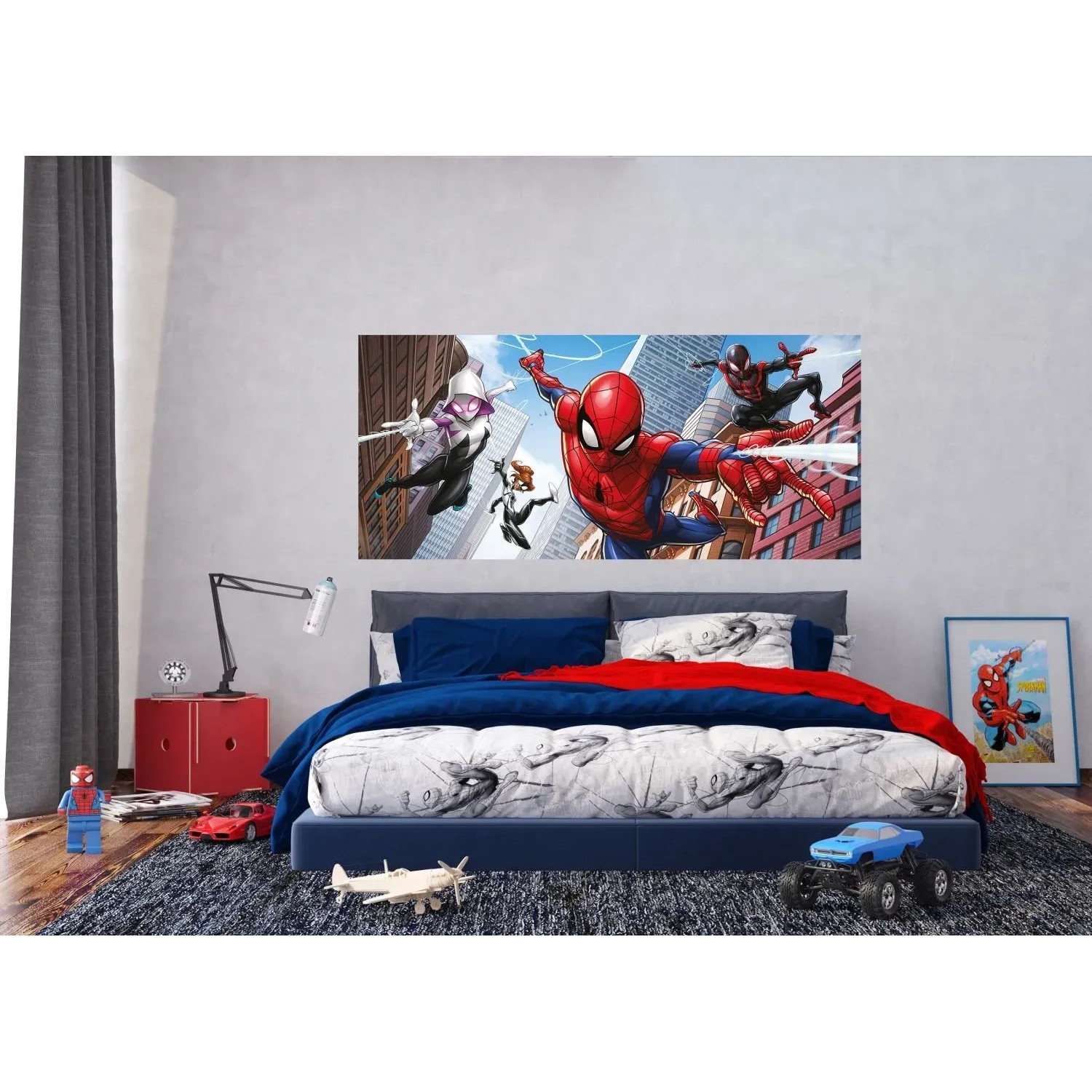 Kinderzimmer mit Spider-Man Fototapete in Rot, Blau und Grau. Wanddeko für Jungenzimmer.