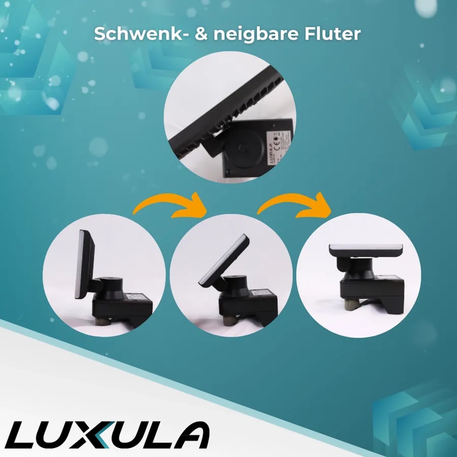LUXULA LED Strahler, 20W, schwenkbar, IP54, verschiedene Neigungswinkel dargestellt.