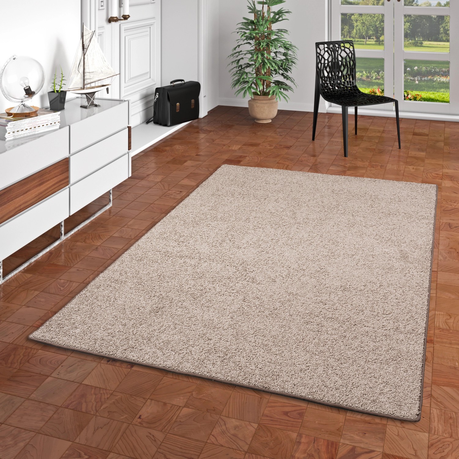 Hochflor Teppich Mona in Taupe, 133x133cm. Weicher Velours Teppich für Wohnräume.