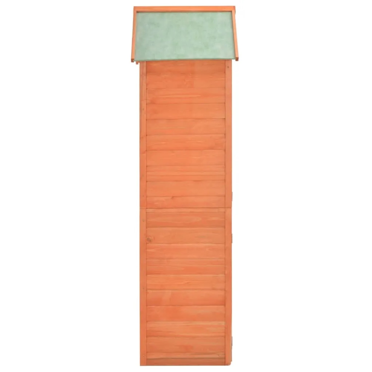 Kompakter, schmaler Geräteschuppen aus Holz mit wasserdichtem Dach für den Garten.