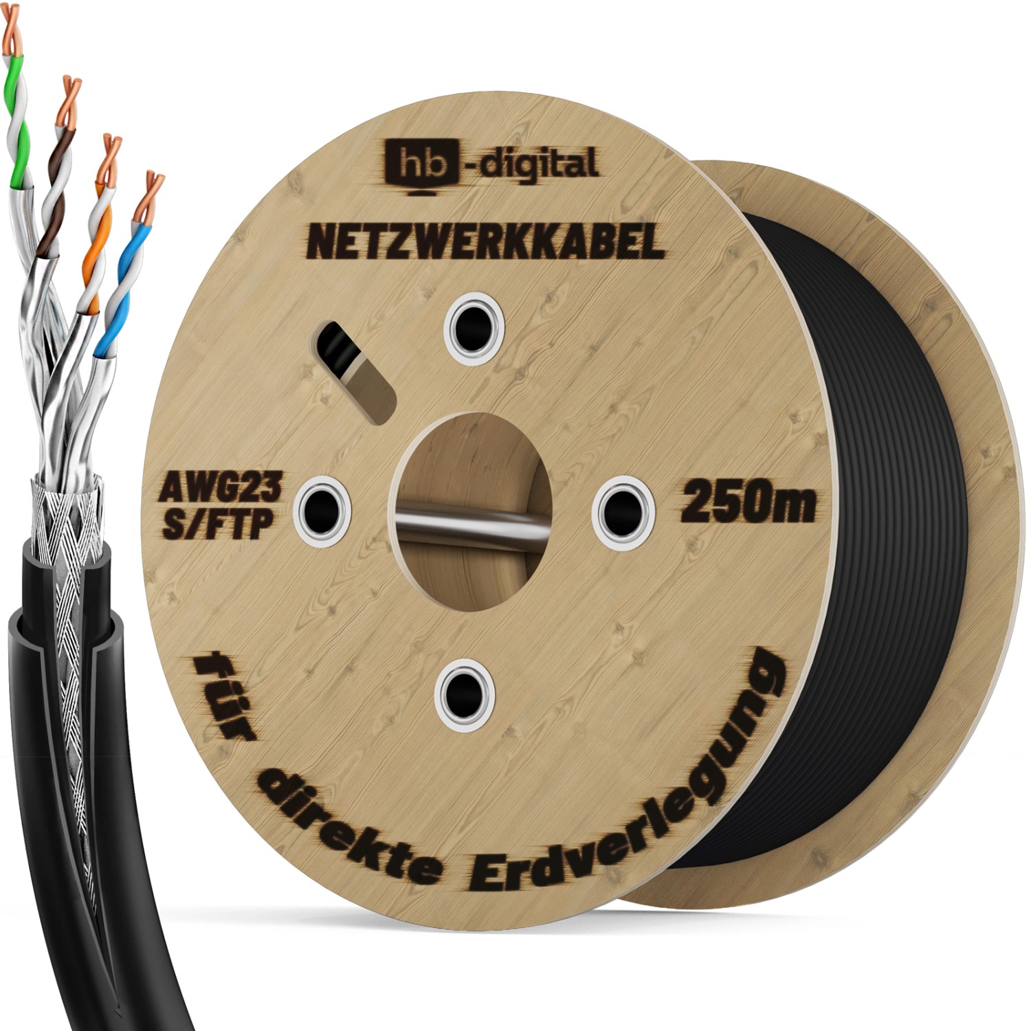 hb-digital 250m CAT 7 Erdverlegekabel Doppelmantel S/FTP PVC + LLDPE AWG23 für Außenbereich