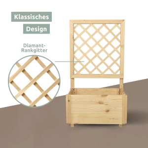 Holzfarbener Pflanzkasten mit Rankgitter von holz4home, ideal für Rankpflanzen im Garten oder auf dem Balkon.