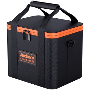 Jackery Tragetasche für Explorer 240 Powerstation, robuste Tasche in Schwarz mit orangefarbenen Akzenten.