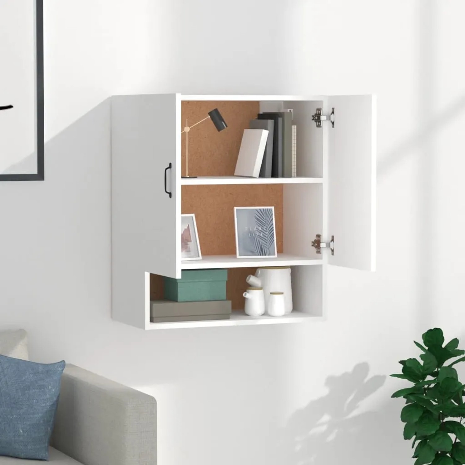 Weißer vidaXL Wandschrank (60x31x70 cm) mit zwei Türen und offenem Fach, montiert an einer weißen Wand.