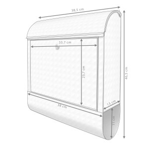 Silberner Banjado Design Briefkasten mit Zeitungsfach und Motiv In Out, Maße sind auf dem Bild dargestellt.