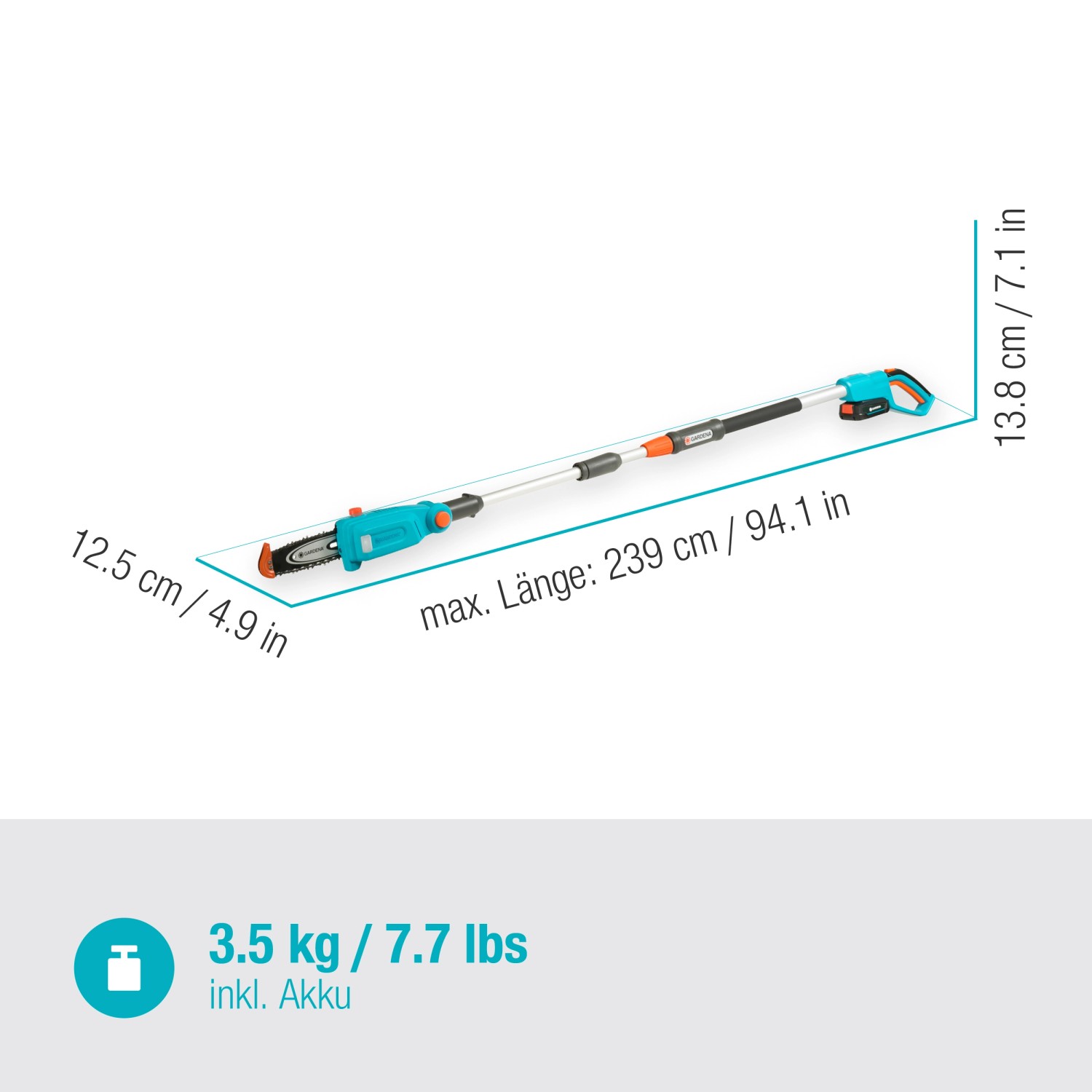 Gardena Akku-Teleskop-Hochentaster TCS 20/18V, ausziehbar bis 239cm, mit Akku. Für Baumschnitt in bis zu 4m Höhe.
