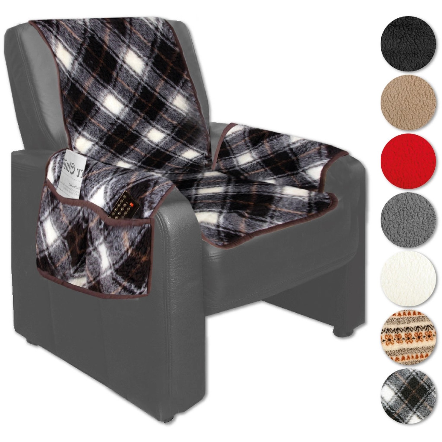 Bestlivings Sesselschoner Lammflor, 147x147 cm, dunkelbraun gemustert, mit Taschen.