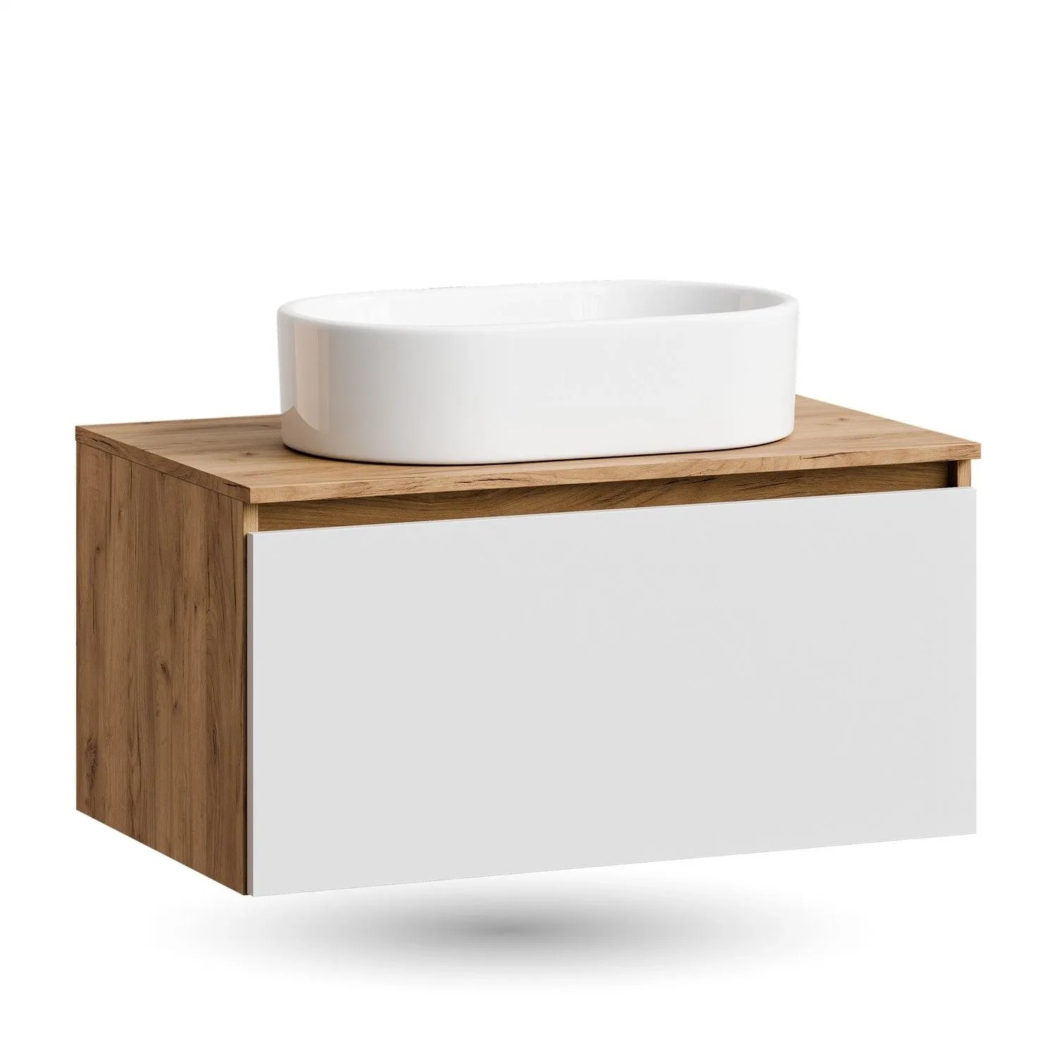 Planetmöbel ARISA Waschtisch 80 cm Weiß Matt mit Keramik Aufsatzwaschbecken 55 cm in Weiß Soft Close