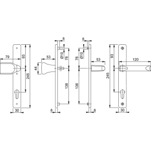 Technische Zeichnung: Hoppe Schmalschild-Wechselgarnitur London, Aluminium, Maße für Profiltüren.