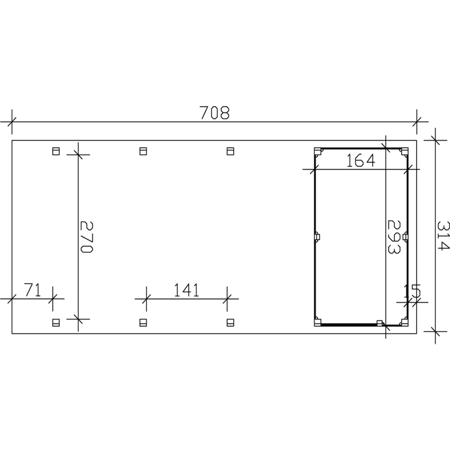Skizze Skan Holz Carport Friesland 2, Nussbaum, mit Maßangaben und Abstellraum.