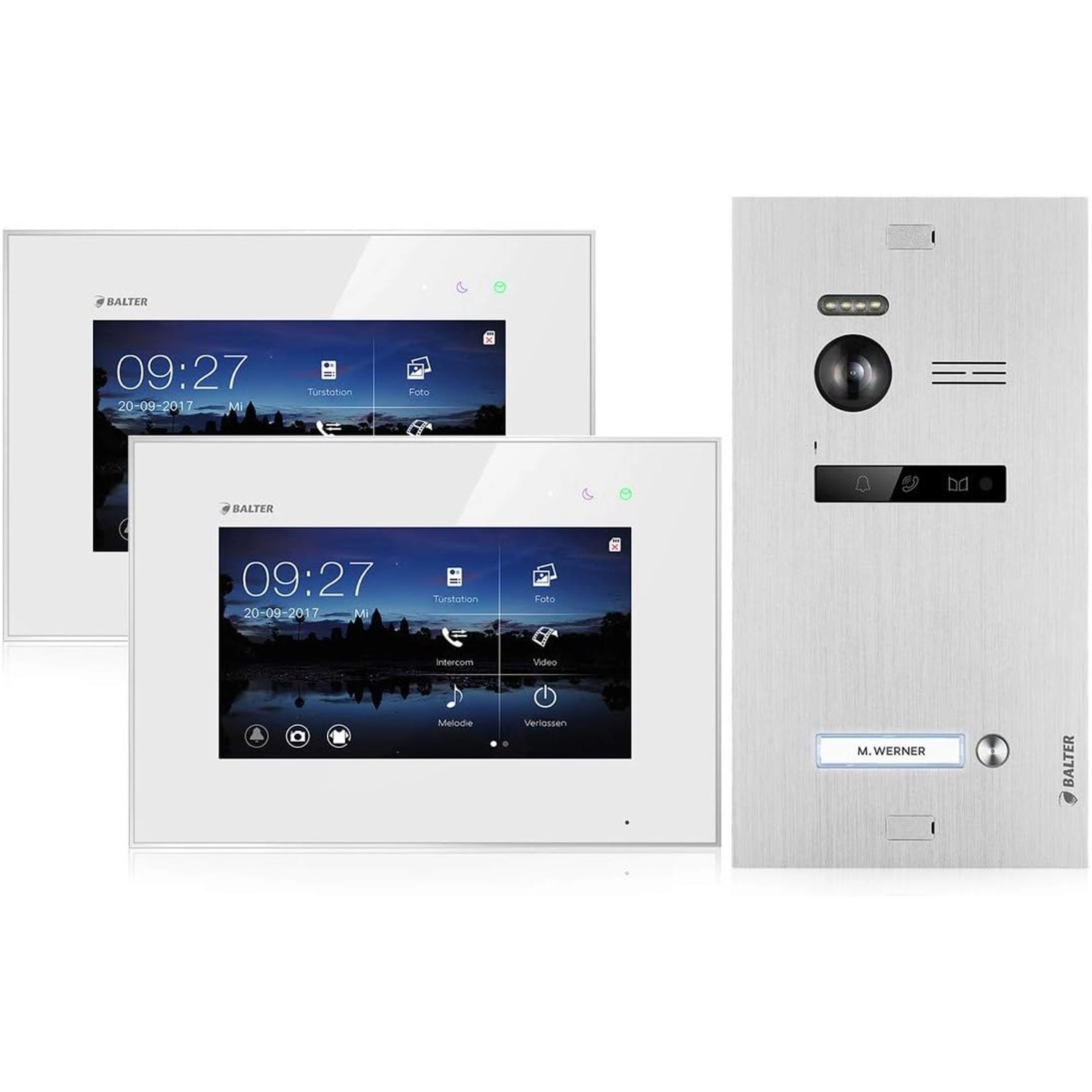 Balter EVO Video-Türsprechanlage für Einfamilienhaus mit 2x 7 Zoll Monitor Silber-Weiß