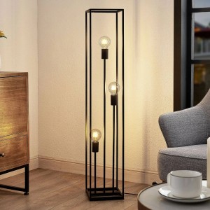 Schwarze Lindby Stehlampe Krisha im Retro-Design mit drei E27-Fassungen für Wohnzimmer.