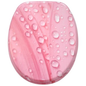 Sanilo WC-Sitz Pink Flower mit Absenkautomatik, Toilettendeckel aus Holz mit Blumenmuster und Wassertropfen.