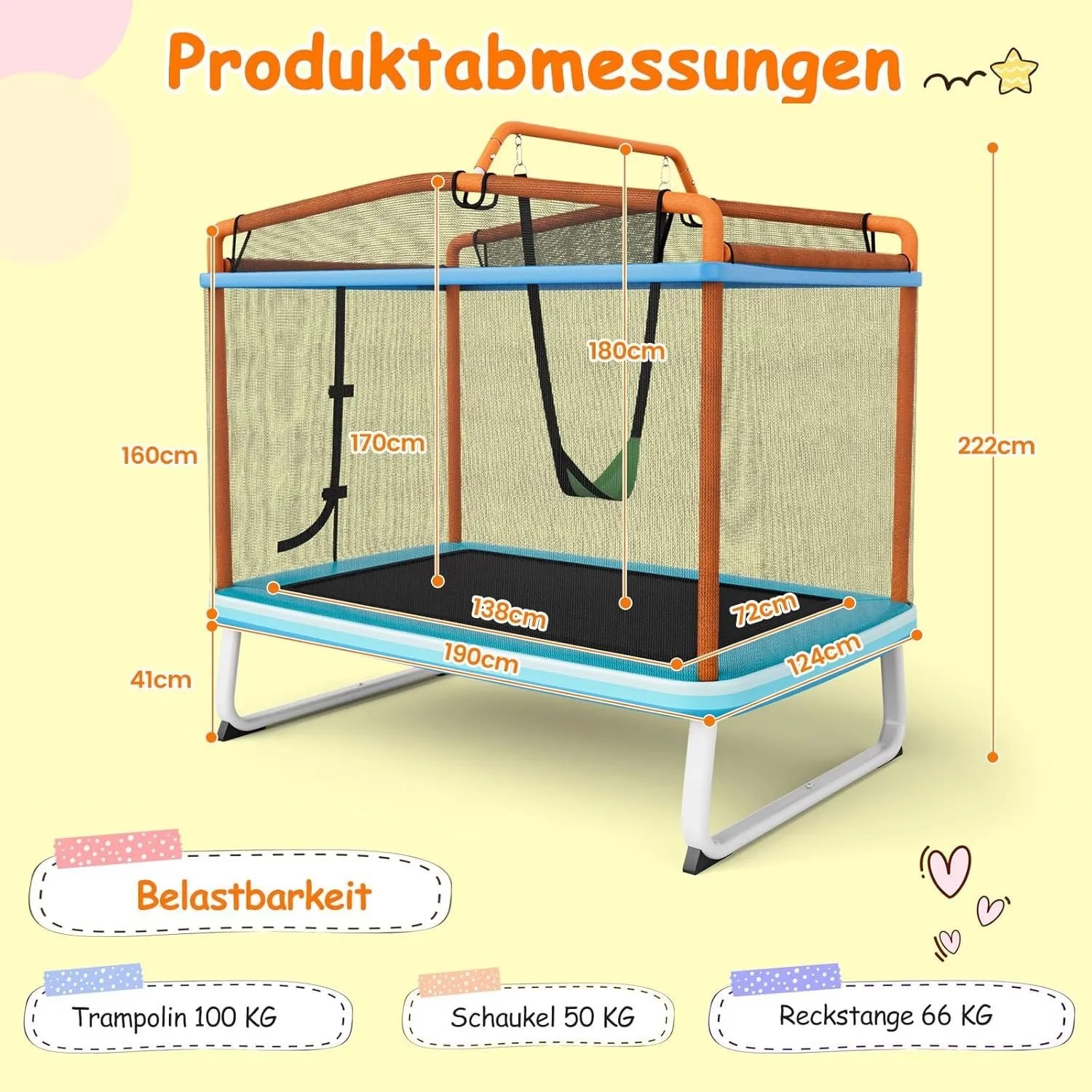 Costway 3-in-1 Kindertrampolin in Blau & Orange mit Schaukel und Reckstange, Maße: 190x124x222 cm.