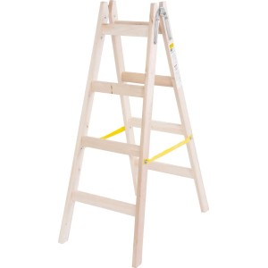 Helle Holz-Sprossen-Stehleiter mit 2x4 Sprossen und gelben Sicherheitsketten. Klappbare Trittleiter für Haus & Werkstatt.