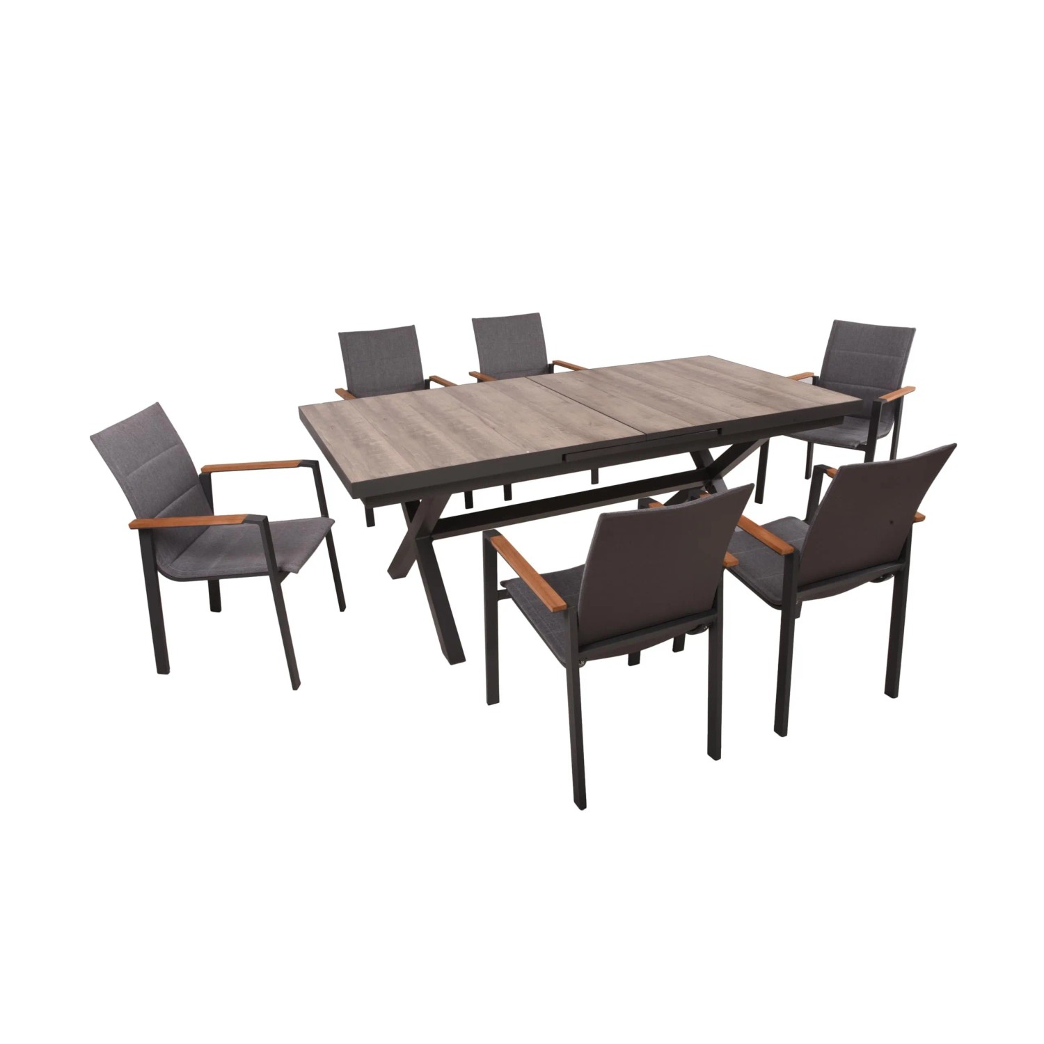 DELUKE Garten-Sitzgruppe JOANA 7-tlg. Teak Dunkelgrau Gartenmöbel-Set Gartengarnitur Garten-Essgruppe Stühle C Esstisch