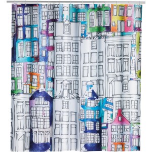 Wenko Duschvorhang Sunny City mit farbenfrohem Häuser-Motiv, 180x200 cm, aus Polyester.