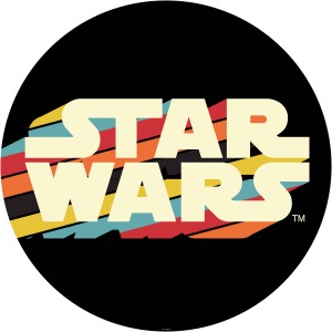 Runde, selbstklebende Star Wars Fototapete mit Schriftzug in Retro-Farben.