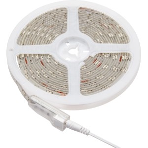 Aufgerolltes LED-Flexband RGB 5m mit Anschlusskabel auf weißer Spule. LED-Streifen für farbige Lichtakzente.