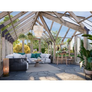Palmako Gewächshaus Emilia 19 Grau, 19,1 m² mit Holzrahmen und Glas, eingerichtet mit Sitzgruppe.