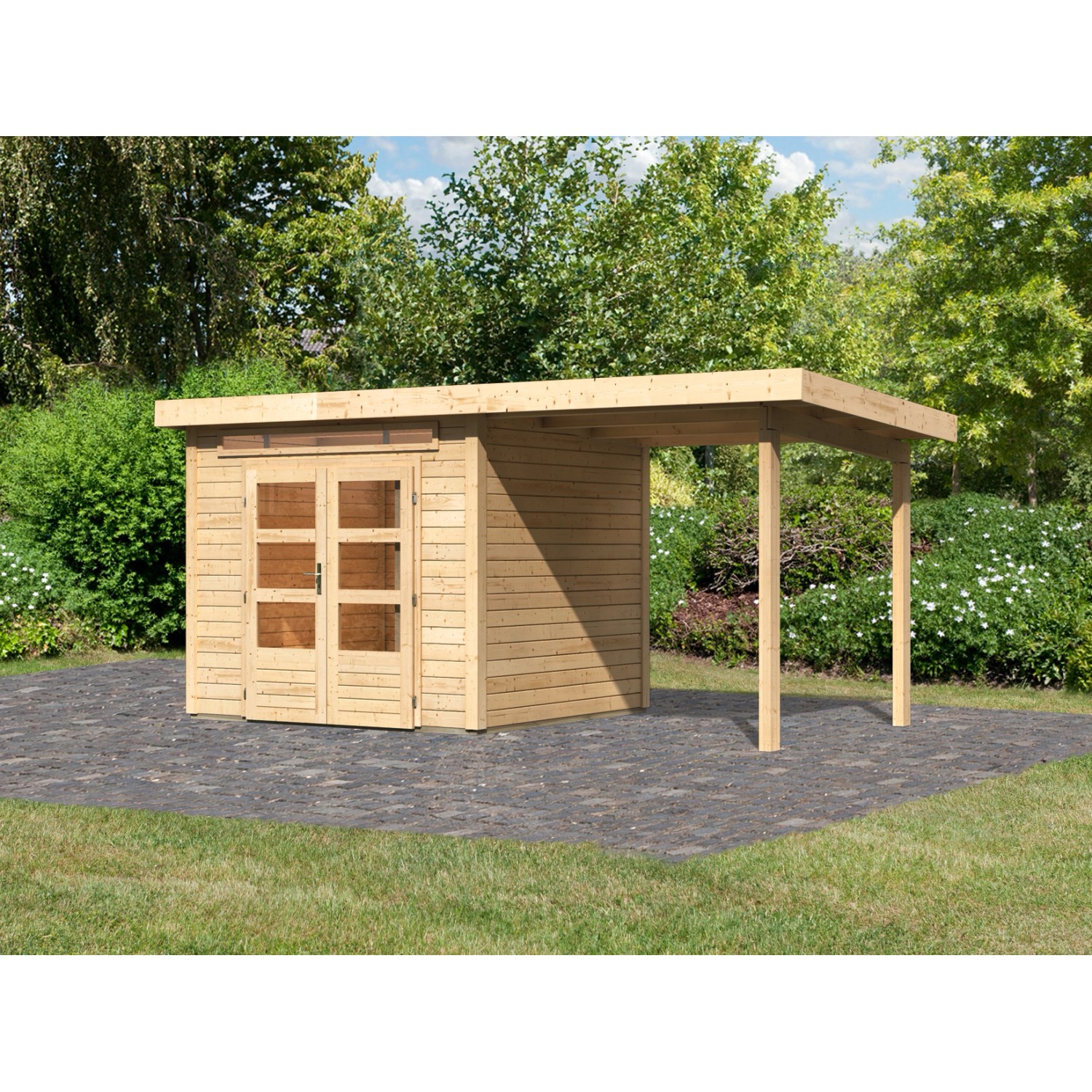Karibu Gartenhaus Set Kumla 3 Naturbelassen mit Anbaudach 235 cm Breit