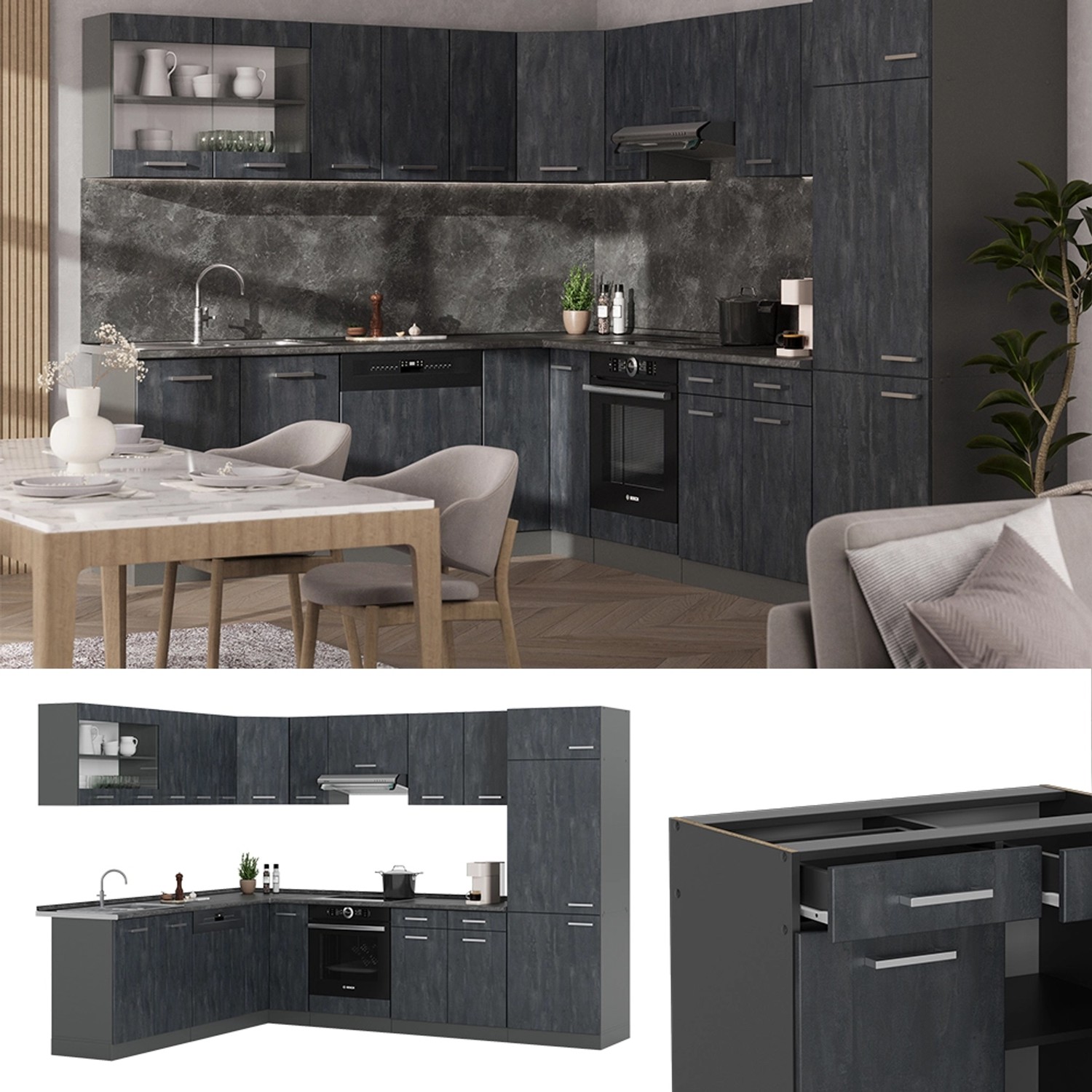Moderne Vicco R-Line Einbauküche in L-Form, Schwarz Beton/Anthrazit. Küchenzeile mit Arbeitsplatte.