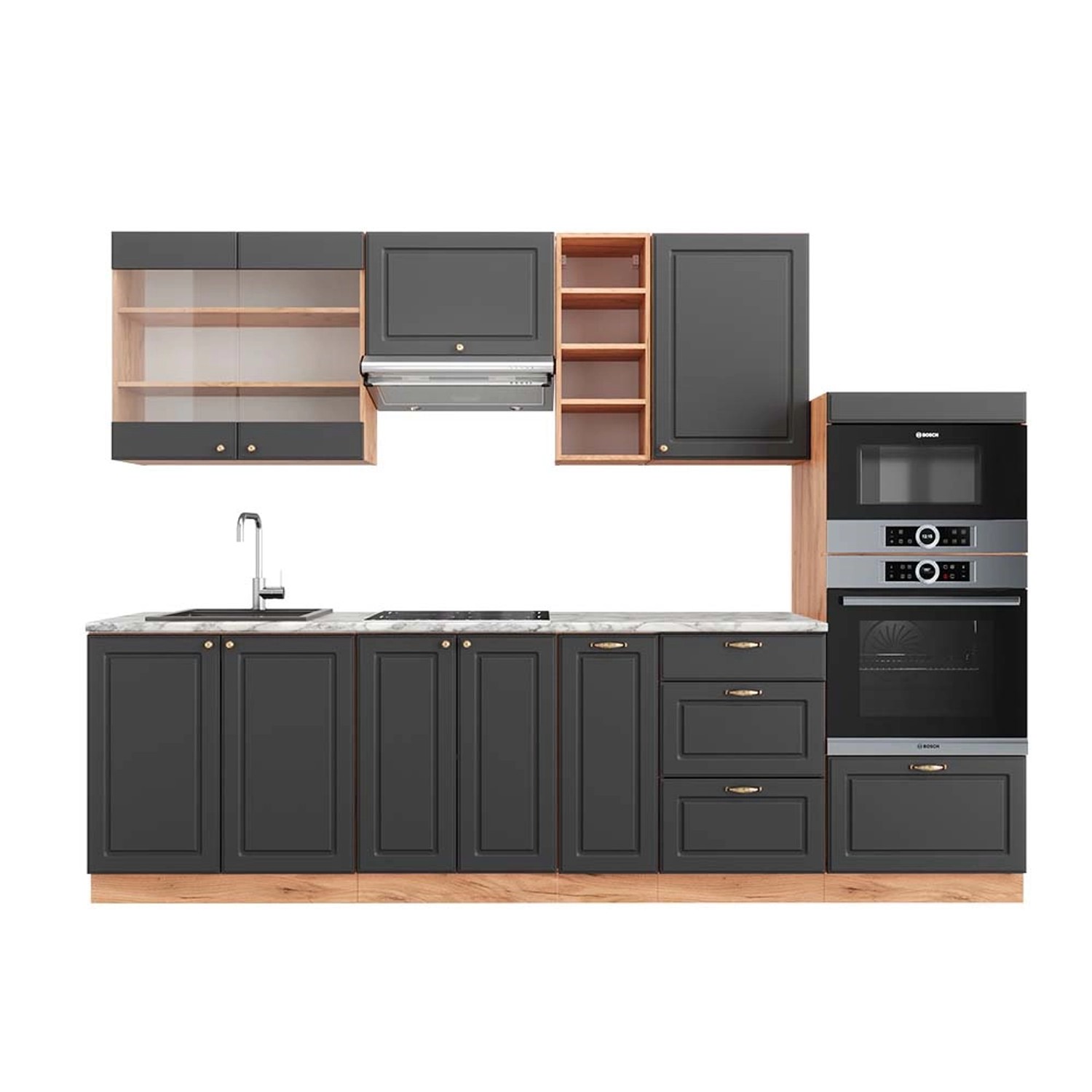Vicco Fame-Line Küchenzeile Anthrazit Landhaus/Goldkraft Eiche 280 cm AP Ma günstig online kaufen